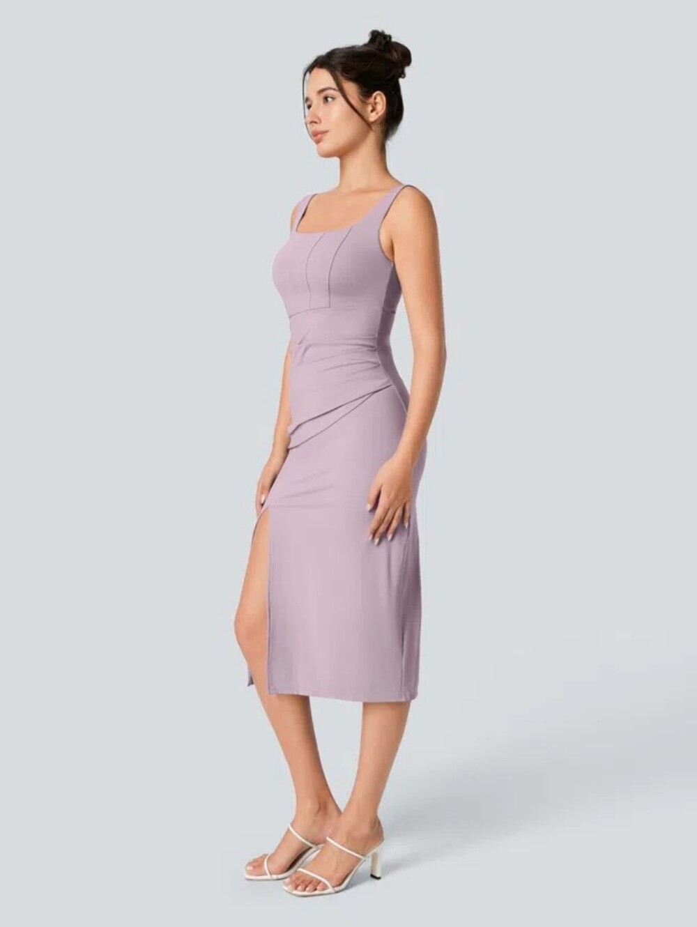 Halara SoftlyZero Airy Square Neck Backless Corset Ruched Split Bodycon Midi